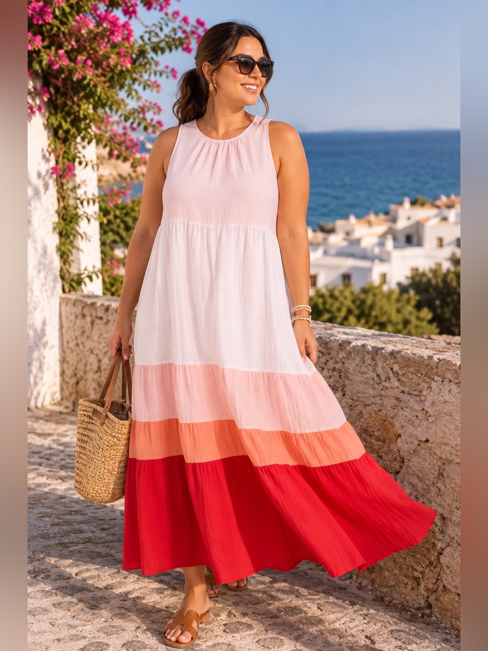 Ava & Viv Colorblock Tiered Maxi Dress Pink Red Size 1X